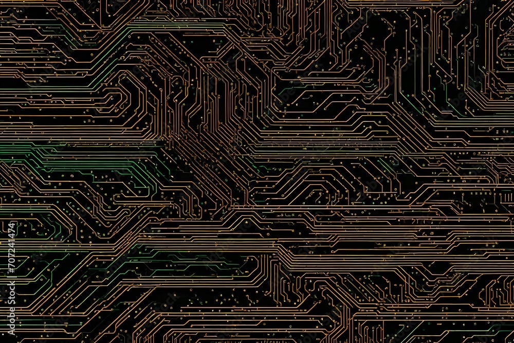 Poster a seamless texture of circuit board patterns, with intricate lines, nodes, and solder points, suitab