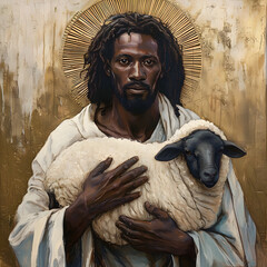 Black Pastor holding a sheep - Holy African American Man with a lamb - Religious Leader of the Church - obrazy, fototapety, plakaty