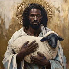 Fotobehang Black Pastor holding a sheep - Holy African American Man with a lamb - Religious Leader of the Church © PetrovMedia