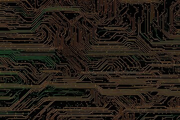A seamless texture of circuit board patterns, with intricate lines, nodes, and solder points, suitable for digital backgrounds or futuristic designs. - obrazy, fototapety, plakaty