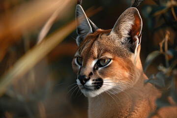 The Caracal is captured against a backdrop of its natural habitat