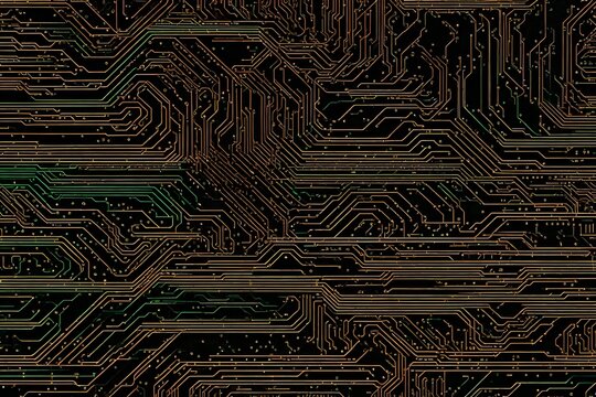 A seamless texture of circuit board patterns, with intricate lines, nodes, and solder points, suitable for digital backgrounds or futuristic designs.