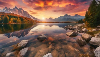 Stickers pour porte Tatras Awesome nature landscape. Beautiful scene with high Tatra mountain peaks, stones in mountain lake, calm lake water, reflection, colorful sunset sky. Amazing nature background. 