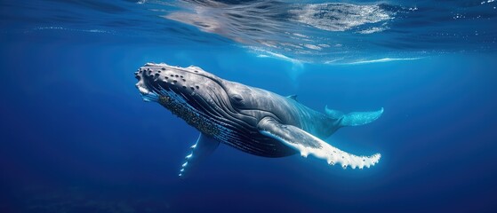 Playful Baby Humpback Whale Swimming Gracefully In Vibrant Blue Ocean. Сoncept Underwater Adventures, Marine Wildlife, Whales In Their Natural Habitat, Ocean Exploration, Captivating Marine Life - obrazy, fototapety, plakaty