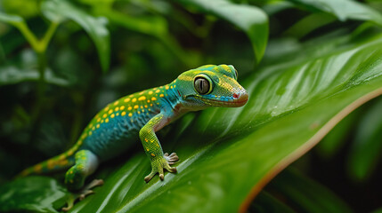 Fototapeta premium Colorful Gecko on a Green Leaf