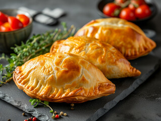 Row of traditional Cornish pasties filled with beef meat, potato and vegetables on baking paper. Close up on Welsh pasty.