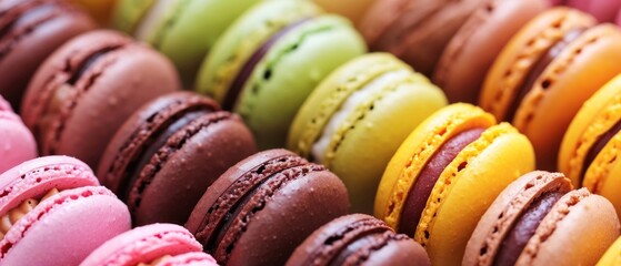 Vibrant Assortment Of Delectable Macarons In Various Hues And Flavors. Сoncept Gorgeous Sunset...