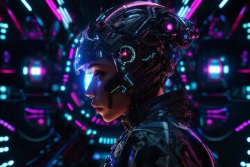 Fototapeta na wymiar Cyberpunk hacker in a futuristic setting, surrounded by holographic interfaces, intricate code, and virtual reality elements Generative AI
