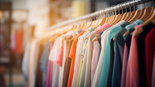 clothes on hangers in blurred store background, Ai generated image