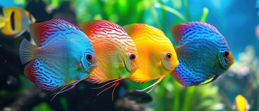 Vibrant Discus Fish Showcasing Their Tropical Colors In An Exotic Aquarium. Сoncept Underwater Photography, Tropical Fish, Exotic Aquatic Life, Colorful Aquarium, Vibrant Discus Fish