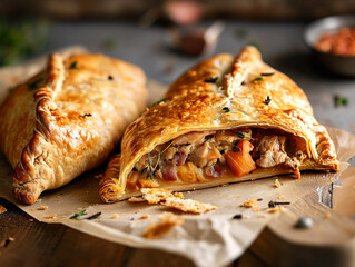 Traditional Cornish pasty filled with beef meat, potato and vegetables on baking paper. Close up on half of Welsh pasty.
