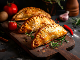 Row of traditional Cornish pasties filled with beef meat, potato and vegetables on baking paper. Close up on Welsh pasty.