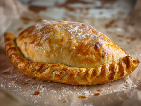 Traditional Cornish pasty filled with beef meat, potato and vegetables on baking paper. Close up on Welsh pasty.