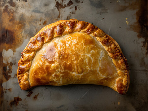 Traditional Cornish pasty filled with beef meat, potato and vegetables on baking paper. Close up on Welsh pasty. Flat-lay
