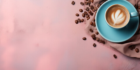 Banner with a cup of coffee on textile on a pastel pink background. Design for coffee shops with space for text, copyspace