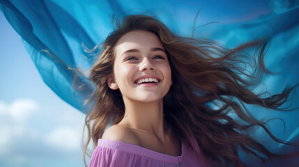 Teen girl radiant blue outfit magenta backdrop high-res image