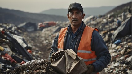 A garbage collector worker on a dump site background from Generative AI - obrazy, fototapety, plakaty