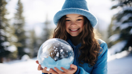 Girl in blue dynamic magenta background playful winter theme