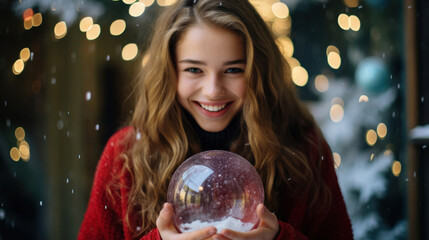 Naklejka premium Joyful girl in magenta turquoise background holding summer snow globe
