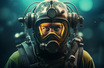 Mysterious Portrait male scuba diver under the water. Exploring underwater world in diving equipment. Generate ai