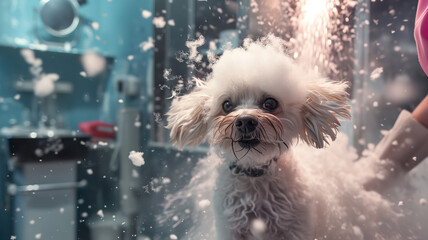 Dog Bath at Professional Groomer. White Fluffy Dog Delights in Bubbly Bath with foam A Heartwarming Scene of Pet Grooming and Playful Splashing. Image made with Generative AI Technology - 707243852