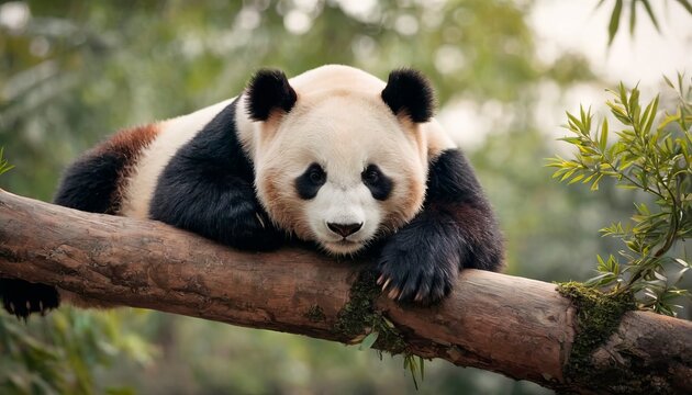 A lazy panda bear sleeps on a tree branch in the wild of China, in a nature reserve.