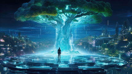 Surreal island in digital sea cyber guardian stands encryption algorithm trees - obrazy, fototapety, plakaty
