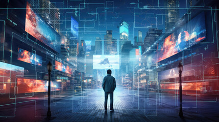 Holographic billboards in cyber city expert navigates old-world meets new tech