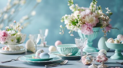 Showcase sophistication with an image of an elegantly set Easter table adorned with floral arrangements.
