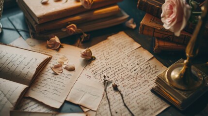 Transport your audience to a nostalgic era with an image of vintage love letters arranged artfully on a desk.. - obrazy, fototapety, plakaty