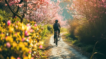 An idyllic scene captures the essence of spring with a vintage bicycle adorned with fresh flowers. - obrazy, fototapety, plakaty
