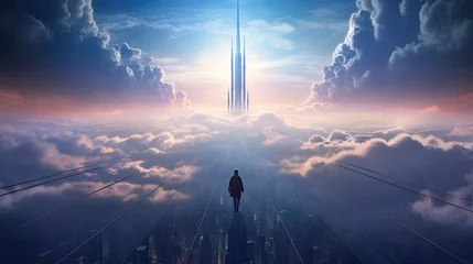 Deurstickers Ethereal sky city cyber guardian oversees from towering vantage point © javier