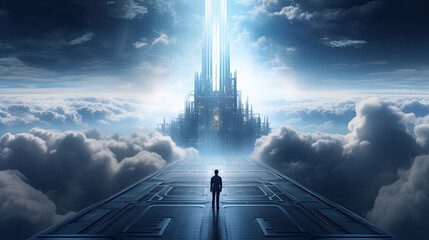 Cityscape amidst clouds cyber guardian on tower strategic perspective