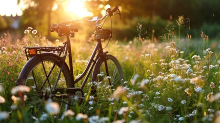 An idyllic scene captures the essence of spring with a vintage bicycle adorned with fresh flowers. - obrazy, fototapety, plakaty