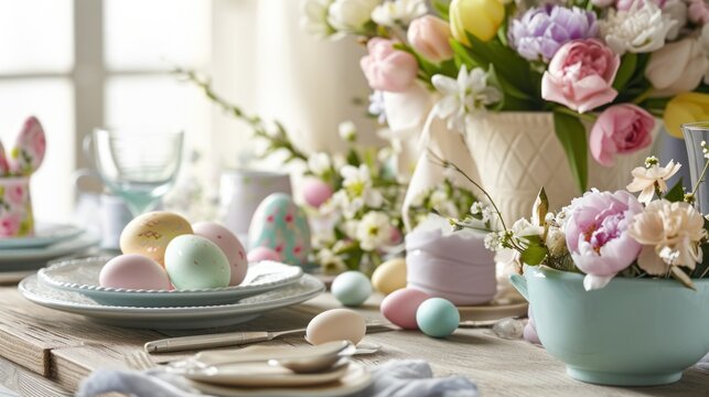 Showcase sophistication with an image of an elegantly set Easter table adorned with floral arrangements.