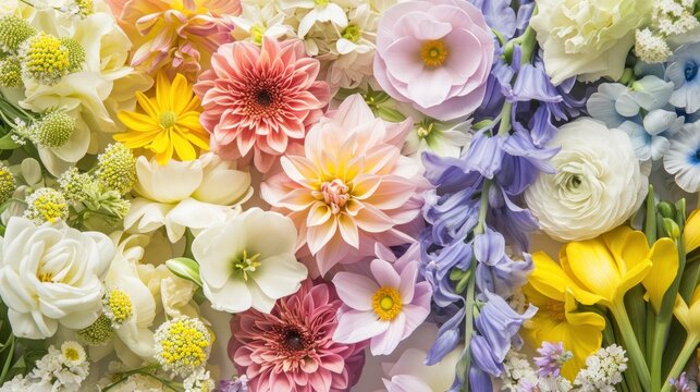 captivating image featuring an array of pastel-colored spring flowers arranged artistically,.