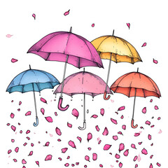 Umbrella canopy: umbrellas floating in a rain of petals isolated on white background, doodle style, png
