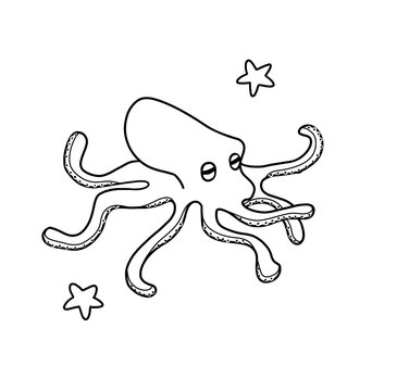 funny octopus cartoon with stars, kids illustration cartoon sea animals  character