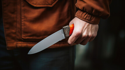 Urban Vigilance: Man with Pocket Knife in Alley - obrazy, fototapety, plakaty