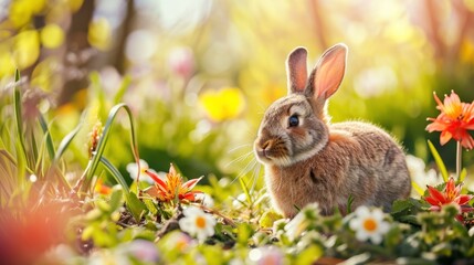 Fototapeta na wymiar A delightful image capturing the charm of Easter with a fluffy bunny surrounded by spring flowers.