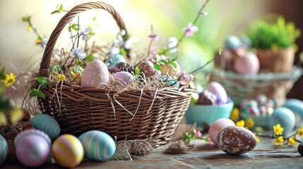 Fototapeta na wymiar A beautifully arranged Easter basket overflows with vibrantly colored eggs.