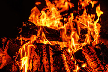 Burning fire with orange flames and dark wood