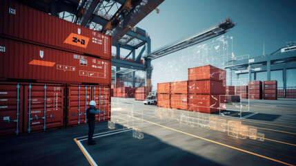 Port logistics center with cranes screens on operational efficiency and cybersecurity