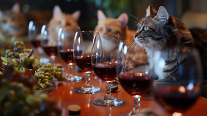 Wine Tasting Concept Image. Elegant Felines Embrace Sophistication: A Humorous Glimpse into Pretentious Cats Engaging in a Wine Tasting Soirée. Image made with Generative AI Technology - 707245428