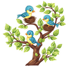 Nesting birds in a tree isolated on white background, cartoon style, png
