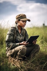 shot of a young female ranger sitting alone in the field and using a digital tablet