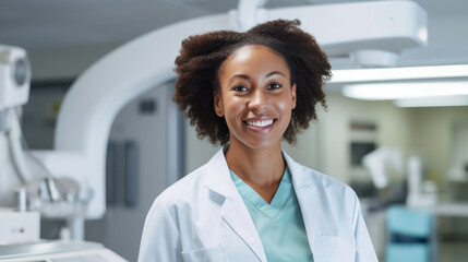 Confident radiologic technologist providing positive patient experience in scan