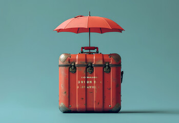 Vintage red suitcase with a red umbrella on top against a teal background, concept for travel and protection. - obrazy, fototapety, plakaty