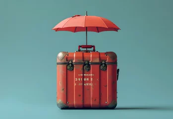 Fotobehang Vintage red suitcase with a red umbrella on top against a teal background, concept for travel and protection. © Gayan