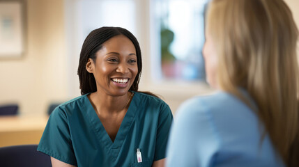 Nurse practitioner in mental health care providing warm and supportive dialogue - obrazy, fototapety, plakaty